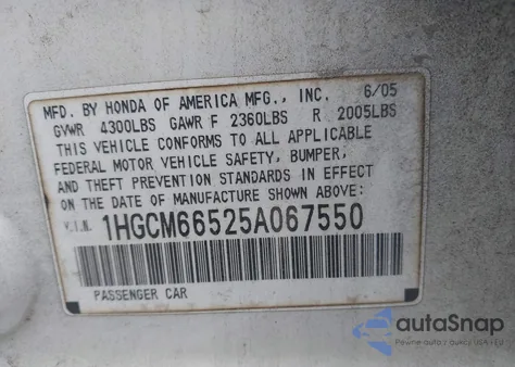 2005 Honda Accord 3.0 Ex из США, поврежденный, VIN 1HGCM66525A067550